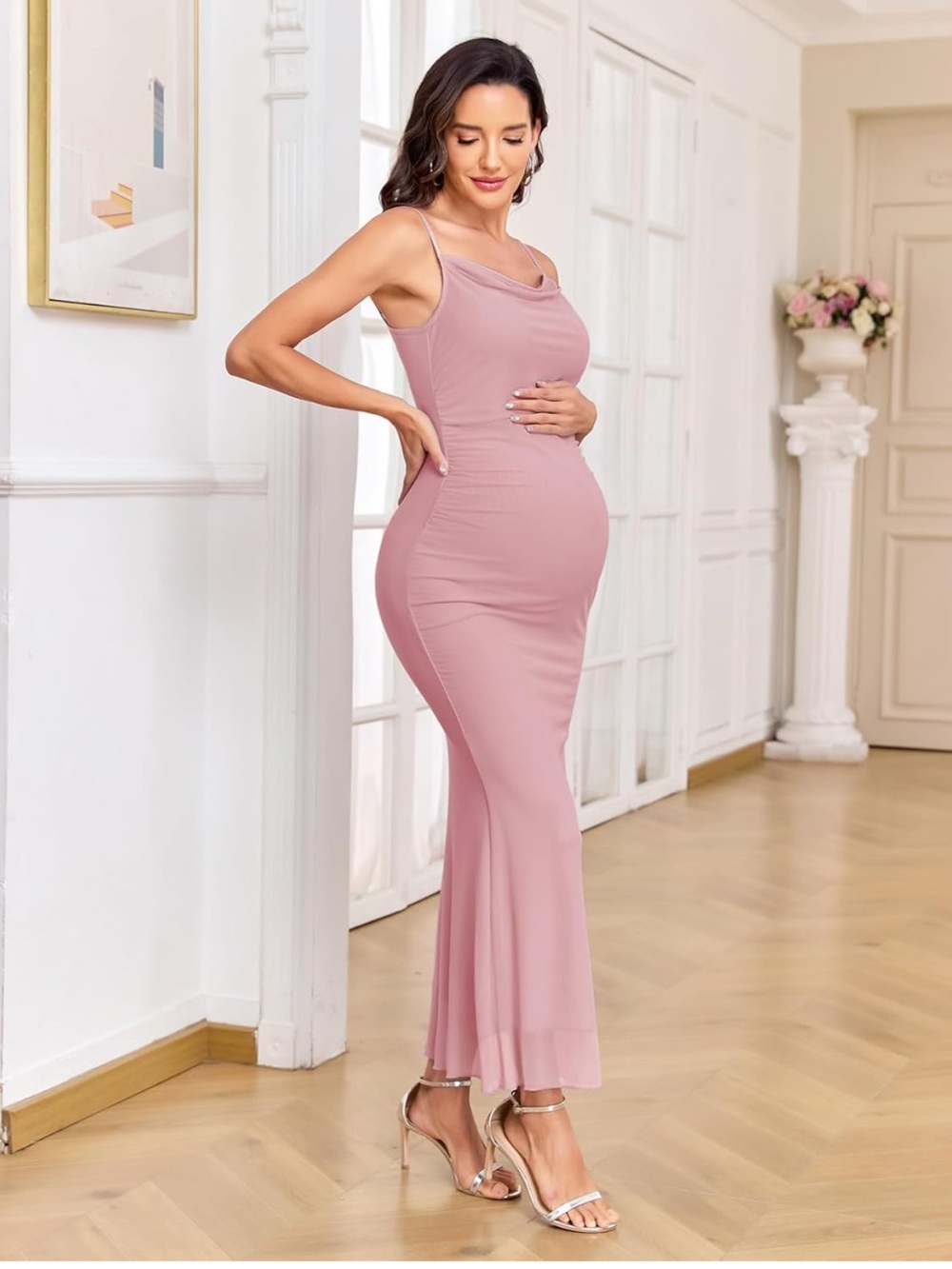 Slim Maternity Maxi Dress with Spaghetti Straps in Dusty Pink